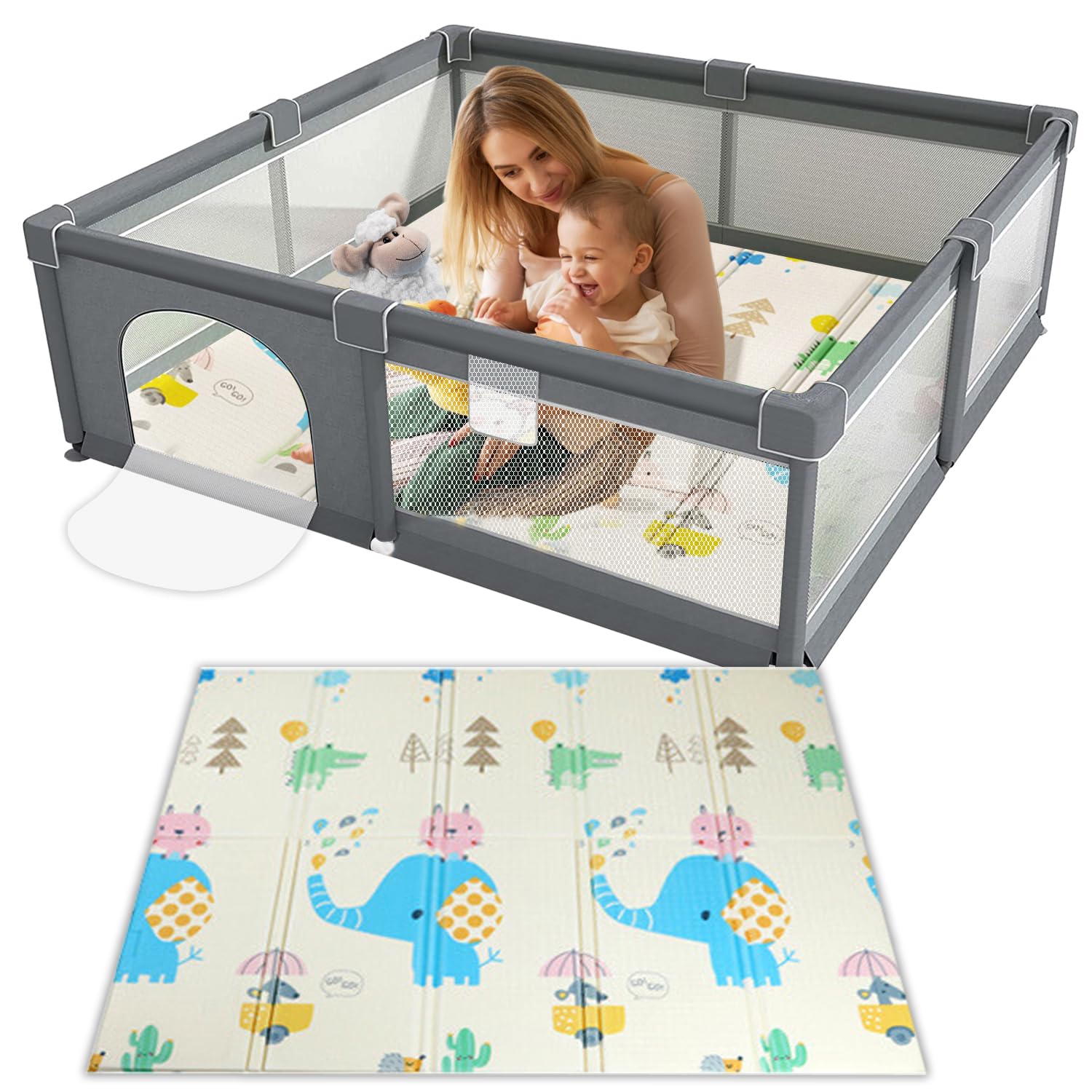 OSIMIG Laufstall Baby, Laufgitter Baby mit Spielmatte, 200x180x65cm